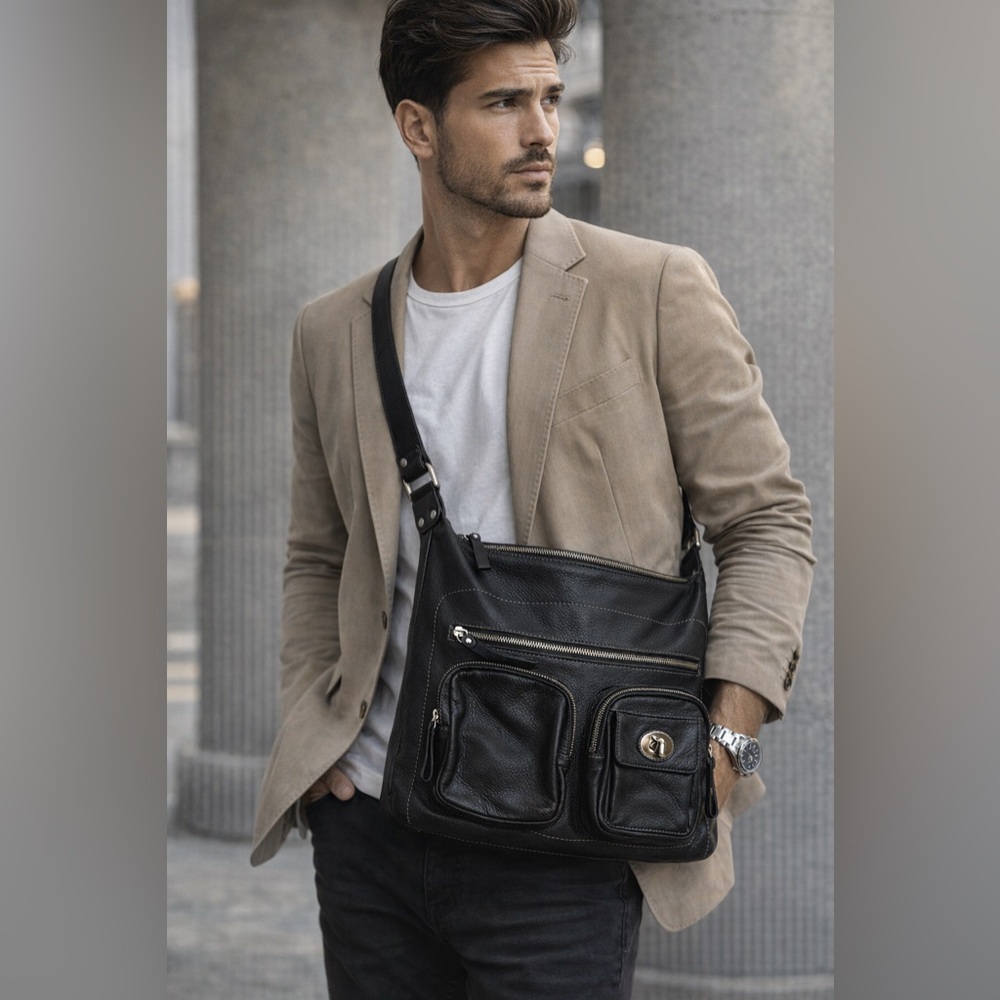 NWOT Danier Black Leather Crossbody Bag for Men Travel Bag Satchel - Picture 1 of 12